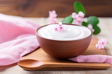 Obraz na płótnie Canvas Health concept of yoghurt Plain yoghurt in wooden bowl on wooden background with pink cotton and spoon