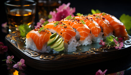 Freshness and cultures on a plate, sashimi and maki sushi generated by AI