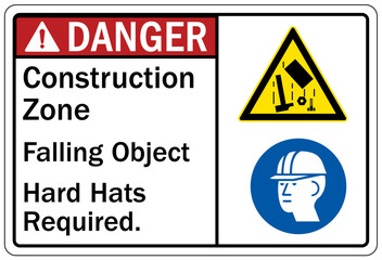 Obraz premium Falling material warning sign and labels construction zone, falling object, hard hats required