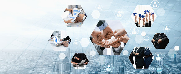 Teamwork and human resources HR management technology concept in corporate business with people...