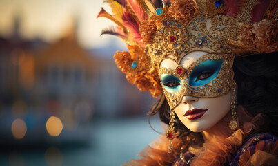 Sunset Glow on Venetian Masked Woman by Canal