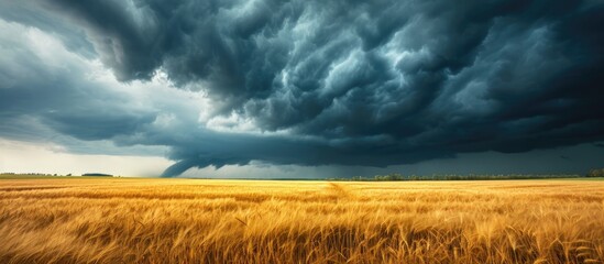 Clouds moving over wheat field, stormy sky with visible rain and tornado in summer village. - Powered by Adobe