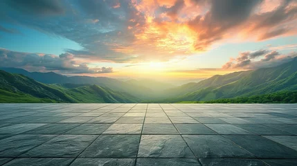 Deurstickers Empty square floor and green mountain with sky clouds at sunset. Panoramic view © Jennifer