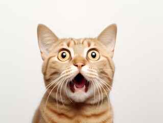 Surprised Cat With a Startled Expression on Its Face. Kitten that has a mouth open. Humor meme. White background.