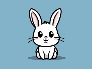 White Rabbit Sitting on Blue Background. Flat style illustration.