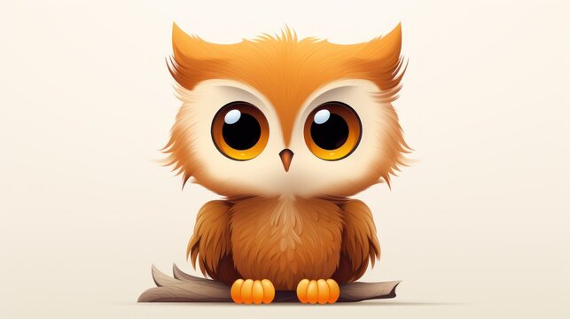 Cartoon Brown Owl Perched on Branch in Nature. Flat design illustration.