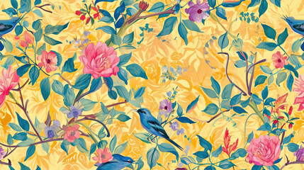 Fototapeta na wymiar Vintage Hand drawn and Hand Painted Retro Vintage Style Fine Art canvas for wallpaper and background with Colorful Peacocks, birds, Flowers and plants, Nature-inspired and floral botanical, ornamental