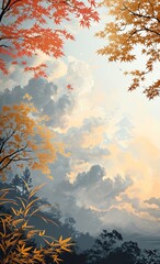 レトロな和風の空と雲と木々の風景フレーム, Generative AI