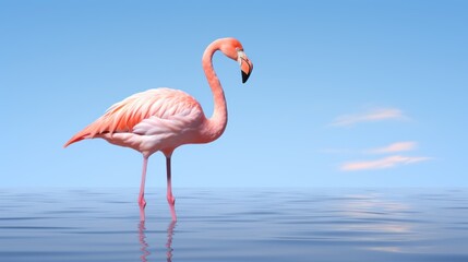 Pink Flamingo Standing in Water, A Graceful Display of Natures Beauty. Copy space.