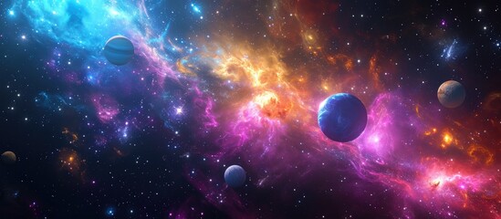 Computer generated illustration of the universe, with planets, stars, and galaxies, set against a colorful cosmos background--a dark banner wallpaper.