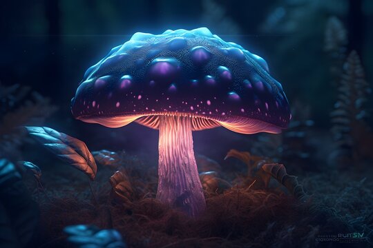 Neon glowing bioluminescent soft skin mushroom with luminous forest background