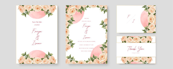 Beige rose floral wedding invitation card template set with flowers frame decoration