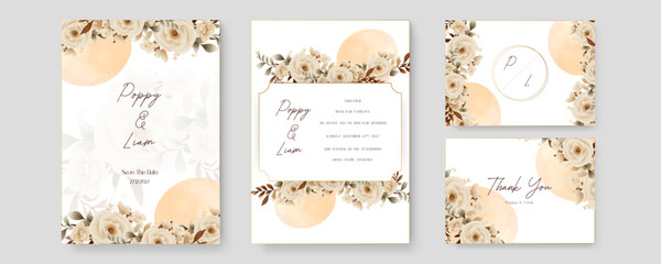 Fototapeta na wymiar Beige rose artistic wedding invitation card template set with flower decorations