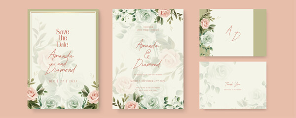 Pink and green rose set of wedding invitation template with shapes and flower floral border