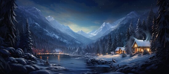 Winter moonlit Carpathian mountains showcase charming log cabins amidst.