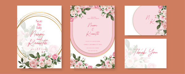 Pink rose modern wedding invitation template with floral and flower