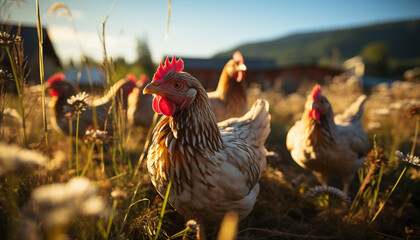Free range chickens graze in the green meadow generated by AI