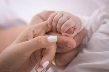 Obraz na płótnie Canvas Newborn baby little hands body part affection motherhood