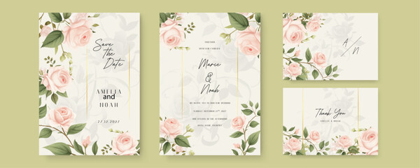 Pink rose modern wedding invitation template with floral and flower