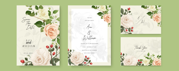 White and beige rose floral wedding invitation card template set with flowers frame decoration