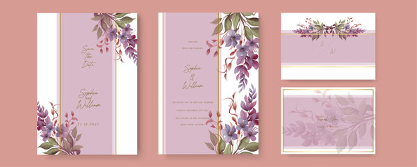 Purple violet rose artistic wedding invitation card template set with flower decorations