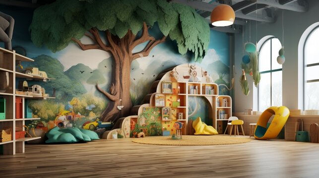 A child's room with interactive educational walls that make learning as fun as playing.