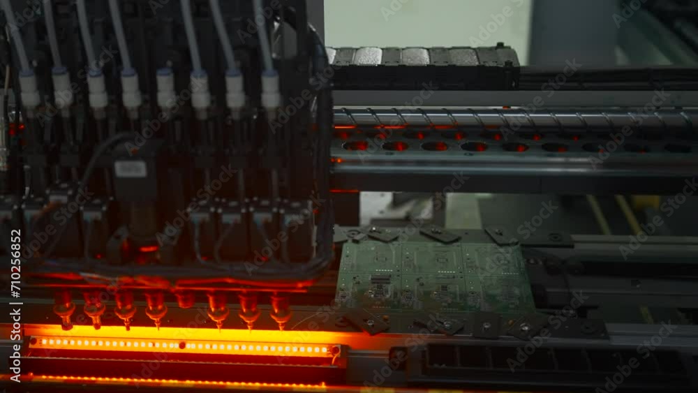 Poster fully automated assembly line at electronics factory. creative. component installation on circuit bo