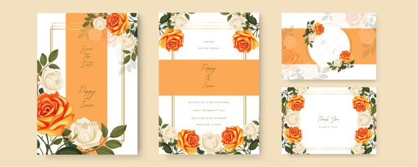 Orange and white rose floral wedding invitation card template set with flowers frame decoration