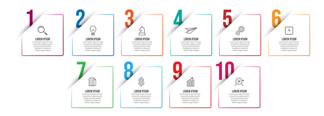 Simple business infographic with 10 parts or steps, containing icons, text, numbers. Can be used for presentation banners, workflow layouts, process diagrams, flow charts, infographics, your business 