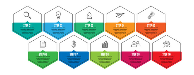 Simple business infographic with 10 parts or steps, containing icons, text, numbers. Can be used for presentation banners, workflow layouts, process diagrams, flow charts, infographics, your business 