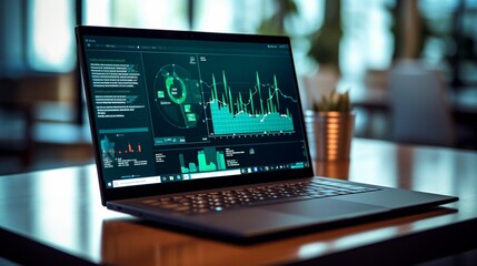 A dynamic bar chart on a laptop, showcasing the comparative analysis of different antivirus solutions in a corporate environment. - obrazy, fototapety, plakaty