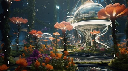 A futuristic garden with self-watering plants and drones pollinating flowers with precision. - obrazy, fototapety, plakaty