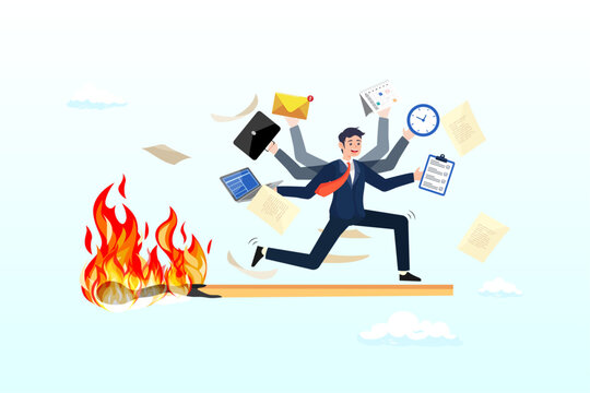 Productive businessman on burning matchstick, toxic productivity, panic or burnout employee, overworked to finish work within timeline, hurry to complete multitasking or urgent work schedule (Vector)