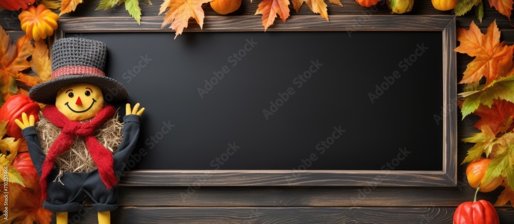 Poster fall-themed message on empty chalkboard with scarecrow and leaves.
