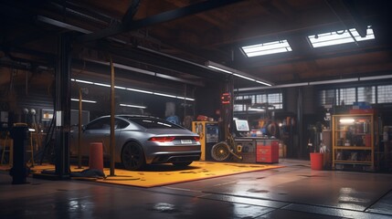 A garage with an automated car maintenance system that diagnoses and fixes issues before you even notice. - obrazy, fototapety, plakaty