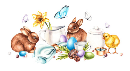 Watercolor Easter composition with tea set, Easter bunnies and eggs