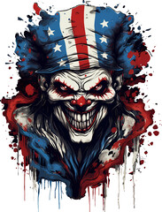 Evil clown with a strong and determined expression, wearing the stars and stripes of the American flag, for t-shirt and sticker design ready to print, on transparent background