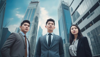 entrepreneurs stand in front of tall buildings and look forward to the future