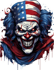 Evil clown with a strong and determined expression, wearing the stars and stripes of the American flag, for t-shirt and sticker design ready to print, on transparent background