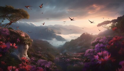 wide shot of a fantasy summer landscape in North America with clematis in bloom, ocean and mountain, cloudy sunrise, birds flying