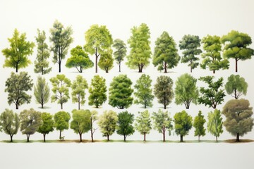 A bunch of trees with different sizes on white background