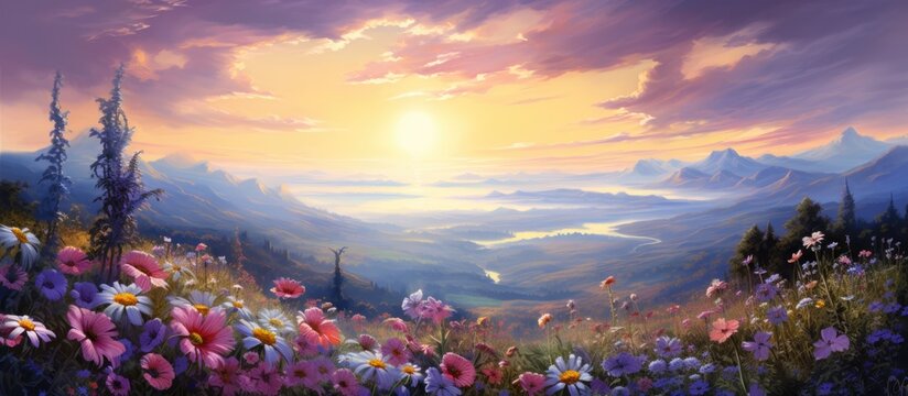 The Blooming Blue And Purple Flowers Look Beautiful, Surrounded By Nature, Sky, And Sun.