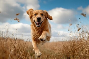 Energetic Golden Retriever Running Through Grass in Open Field