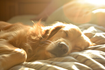 Dog Sunbathing with Golden Sunlight - obrazy, fototapety, plakaty