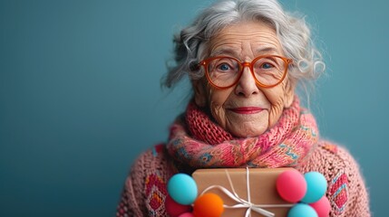 Attractive mature aged aged woman holding presents gift box feels happy studio - obrazy, fototapety, plakaty