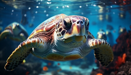 Sea turtle swimming in the underwater reef generated by AI