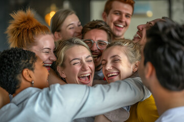 Obraz premium teamwork and achievement by framing the employees in a group hug or forming a human pyramid