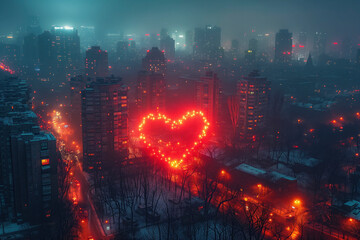 A city with lights in the shape of a heart On Valentine's Day