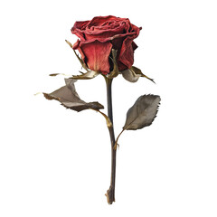 A studio photo of a wilted red rose isolated on a transparent background, evoking feelings of love and loss.