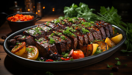 Fototapeta premium Grilled meat and vegetables on a wooden plate, summer barbecue generated by AI